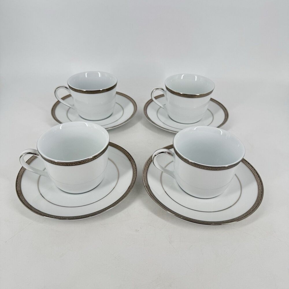 Set of 4 Charter Club Grand Buffet Platinum Cups & Saucers White Porcelain